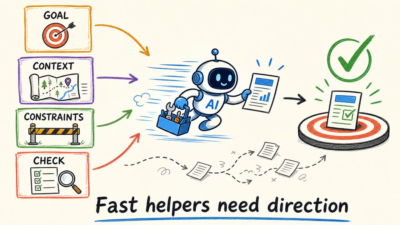 Fast AI helpers need direction: goal, context, constraints, and checks guide the agent toward the right outcome