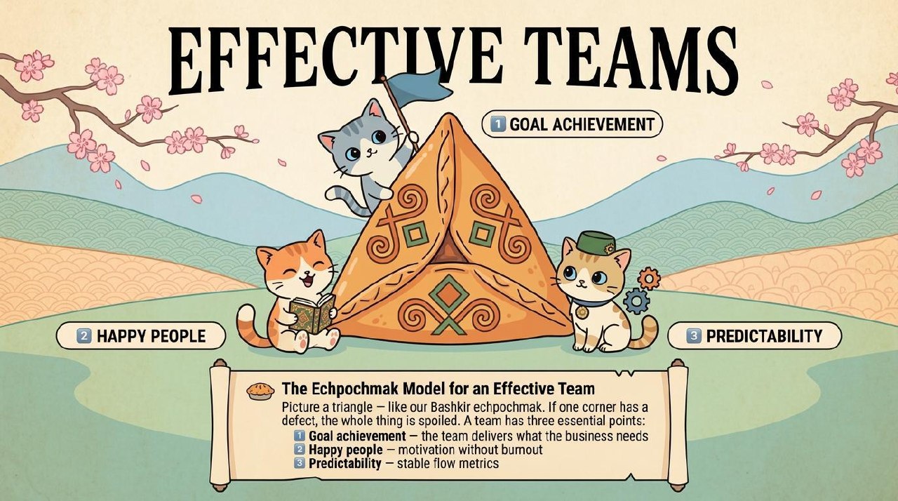 Effective Teams: the Echpochmak model with goal achievement, happy people, and predictability