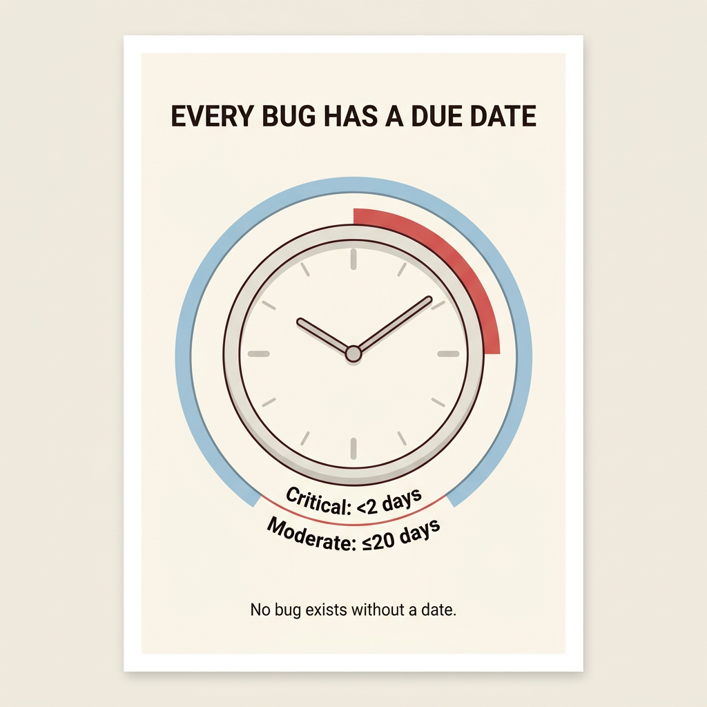 Часы с подписью Every bug has a due date: Critical меньше 2 дней, Moderate до 20 дней