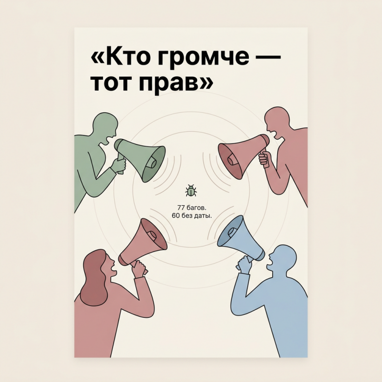 Баг в центре очереди, вокруг него стейкхолдеры с мегафонами. Подпись: кто громче — тот прав